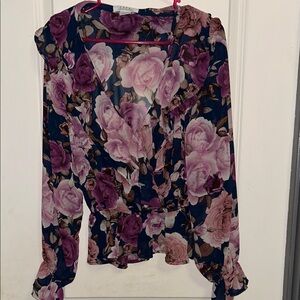 Love Navy Floral V-Neck Blouse with Pink & Purple Roses